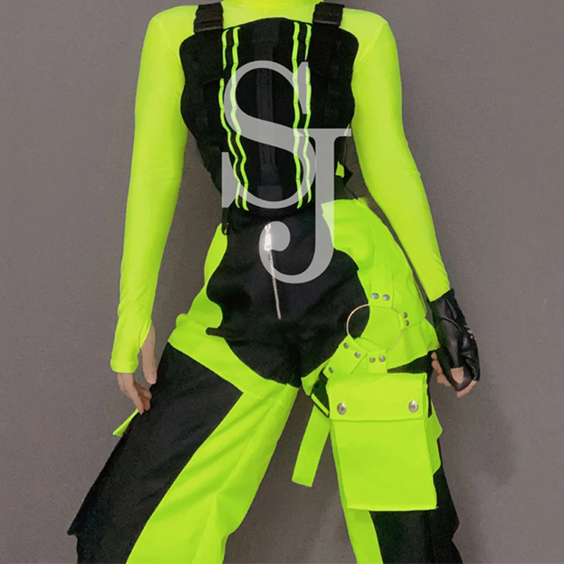 Fluorescent Yellow Top Pants Jazz Dance Overalls Women Gogo Dance Costume Hip Hop Clothing Stage Show Festival Outfit XS6425