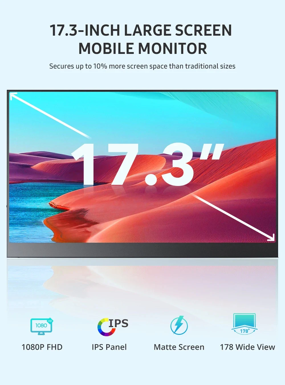 17.3 Inch Portable Monitor Mobile LCD Screen 1920 x 1080 Full HD IPS External Second Display With HDMI Type-C Connection