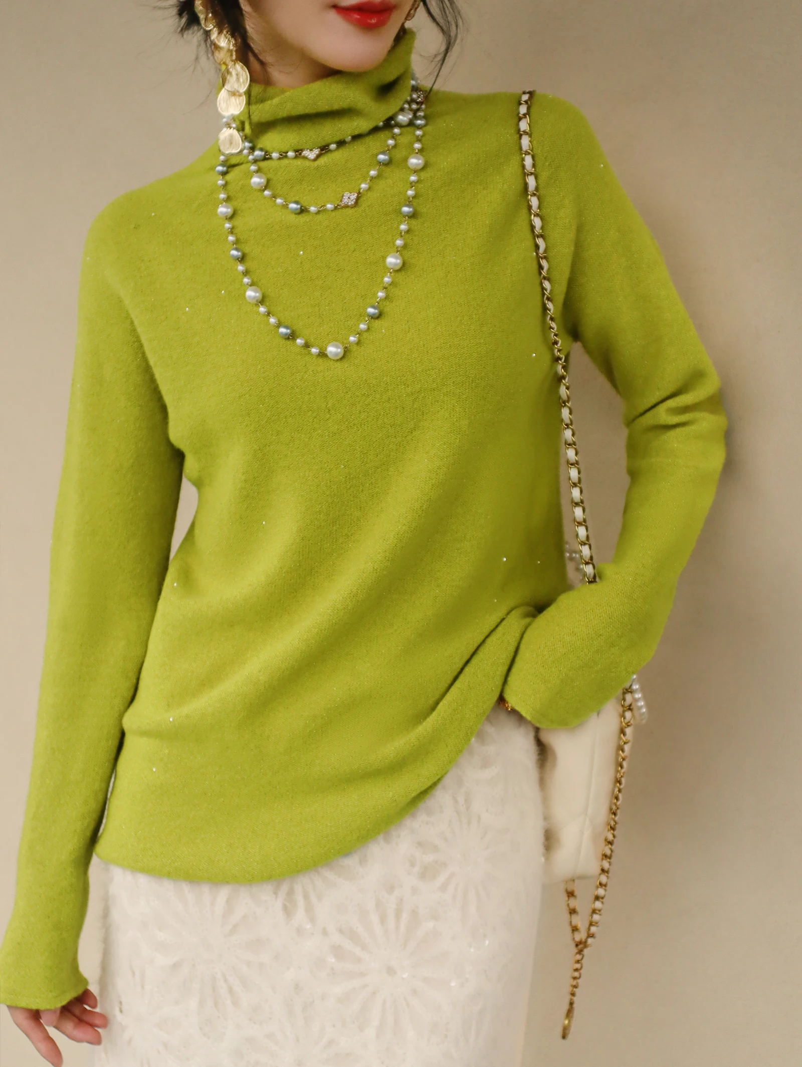 

100% шерстяной свитер с интегрированной технологией Lazy Bead, оливковый, свободный, мягкий, вязаный, базовый, удобный, теплый, зимний, женский