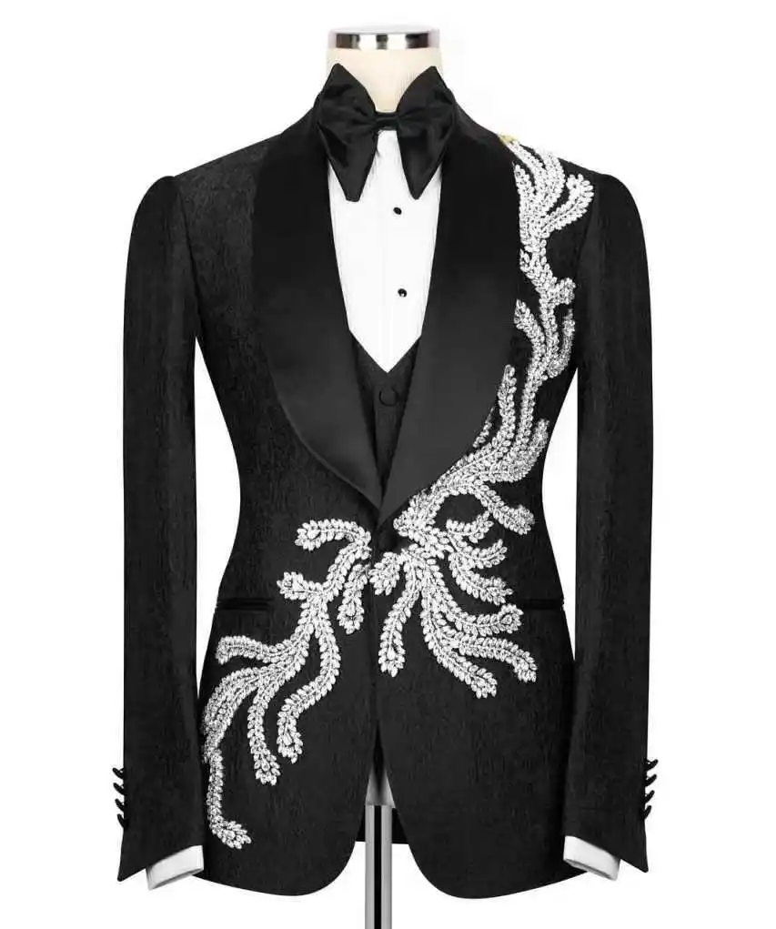 Conjunto de traje de lujo con cristales para hombre, chaqueta de 2 piezas + pantalones negros, abrigo de piedra brillante, esmoquin de boda, chaqueta Formal personalizada para oficina