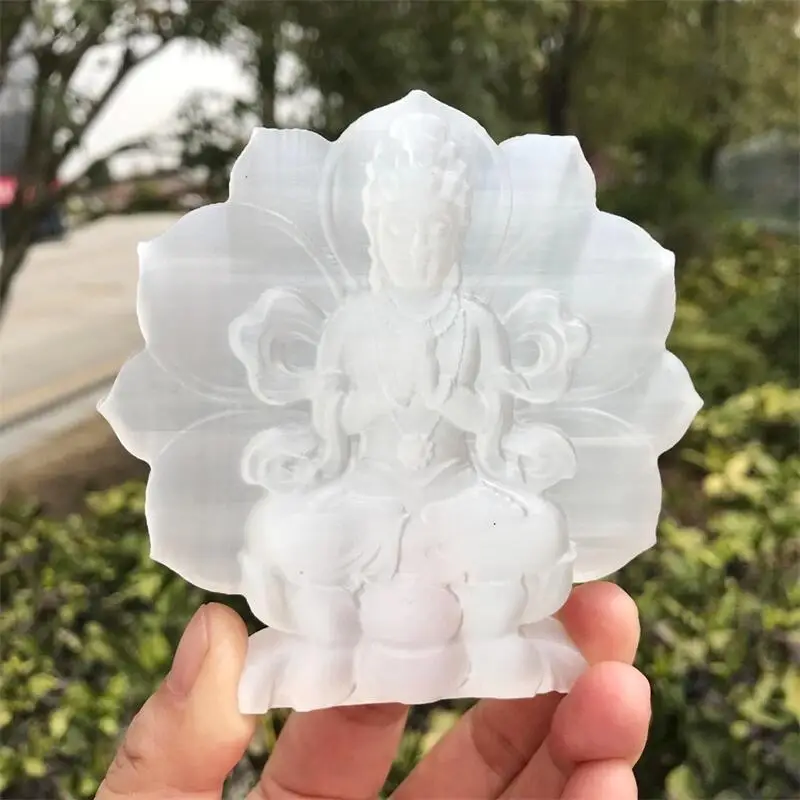 9.5cm Natural Selenite Buddha Guanyin Crystal Carving Buddhist Healing Energy Stone Crafts Decorative Gift Home Decoration 1pcs