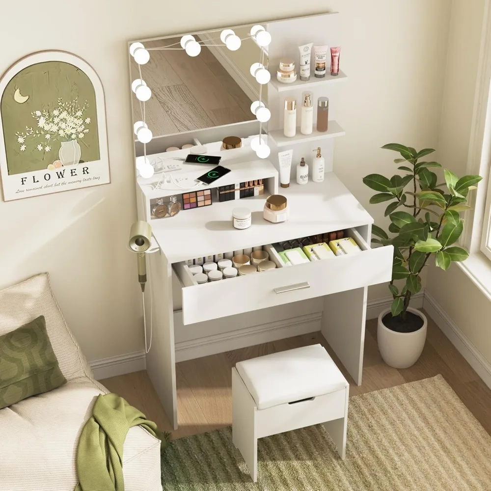 Makeup Vanity Table with Lighted Mirror & Power Strip, White Vanity Set, Lots Storage, 3 Lighting Modes, Brightness Adjustable