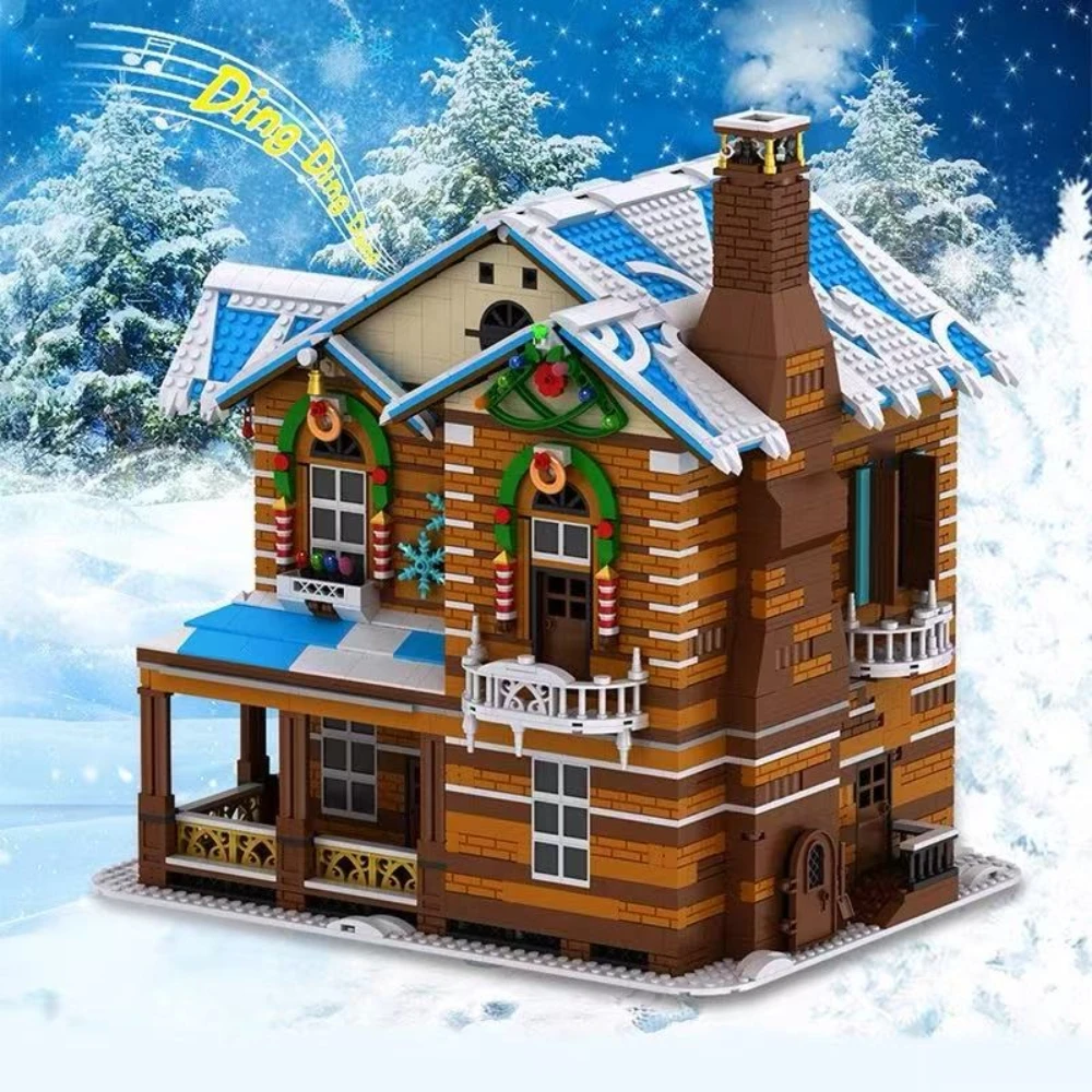 MOC – ensemble de blocs de construction de maison de forêt en bois, père noël, neige, arbre de Villa sur glace d'hiver avec jouets légers, cadeaux pour enfants
