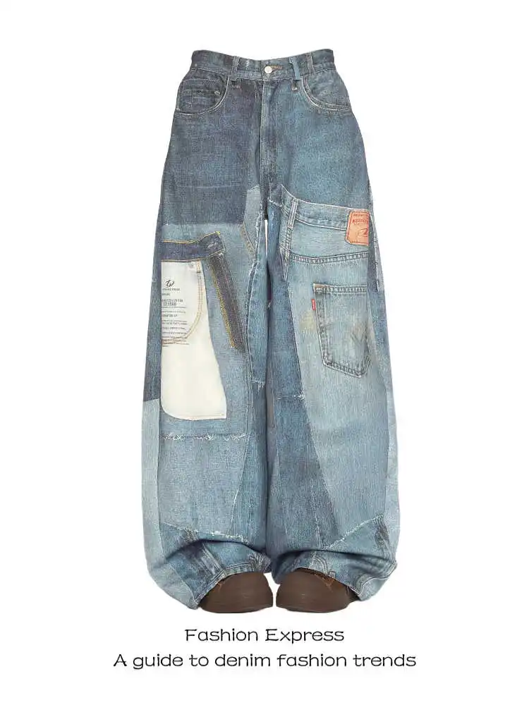 

American Spring and Autumn Street Men and Women Trendy Personalized Straight leg Jeans Couple Loose Retro Splicing Casual Pants