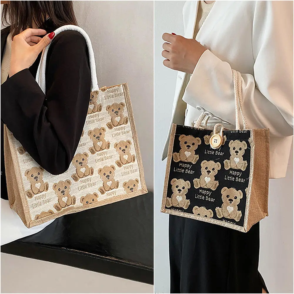 Linen Tote Bag Storage Bag Lunch Pouch Tote Bag Handbag Bento Bag Button Clasp Cute Flower Printing Picnic Food Bento Bag