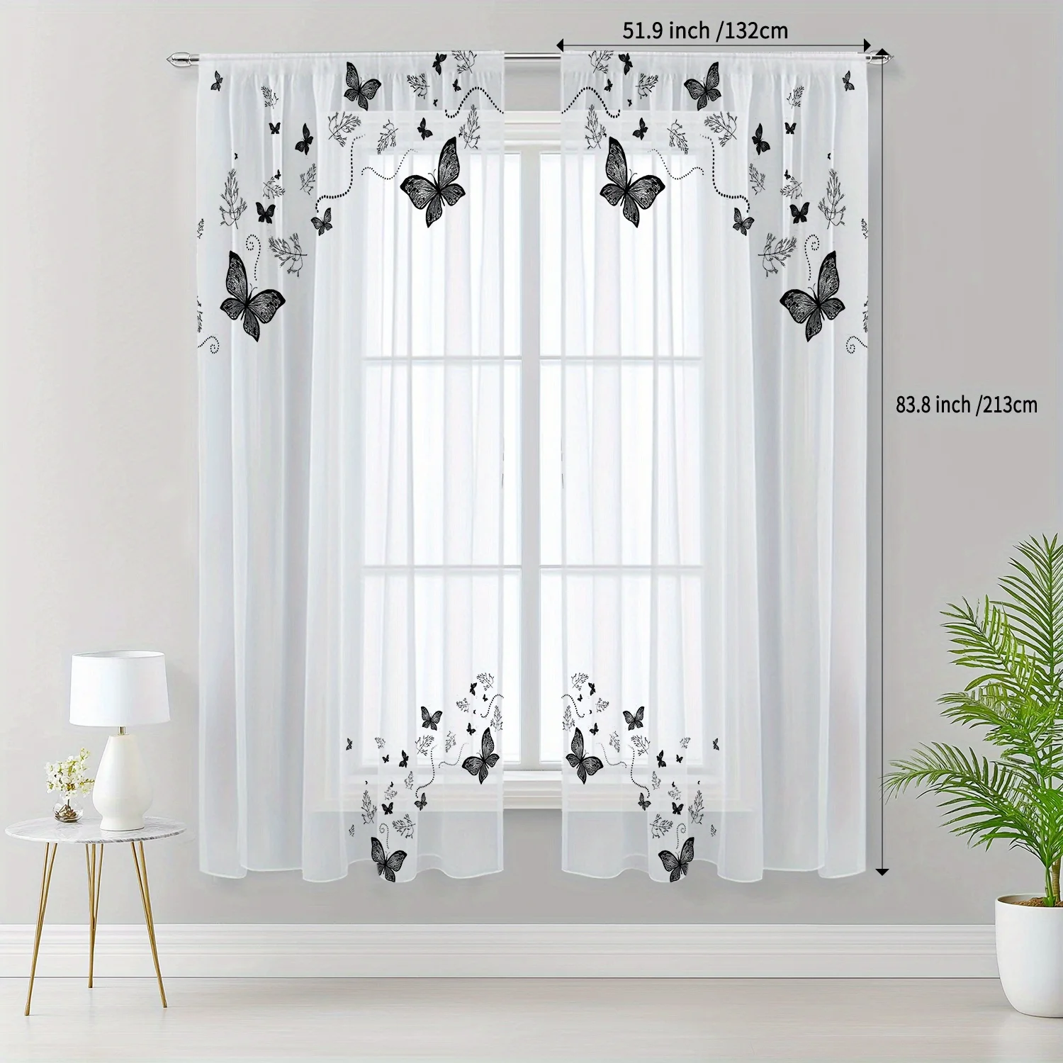 2PCS Pink Flower Green Vine Transparent Curtain Set Filter Breathable Privacy Rod Style for Living Room Bedroom Kitchen