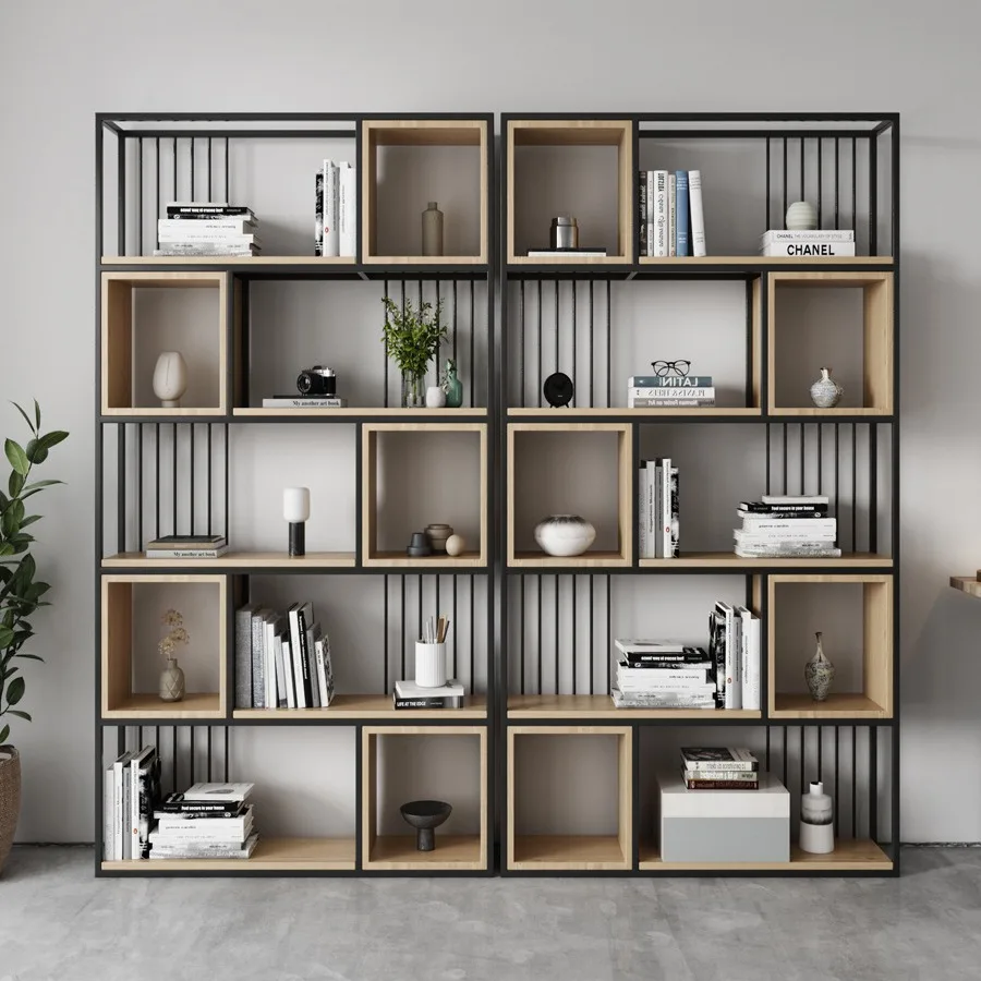 #Office partition shelf Solid wood bookshelf Multi-layer floor display bookcase Living room wrought iron storage rack