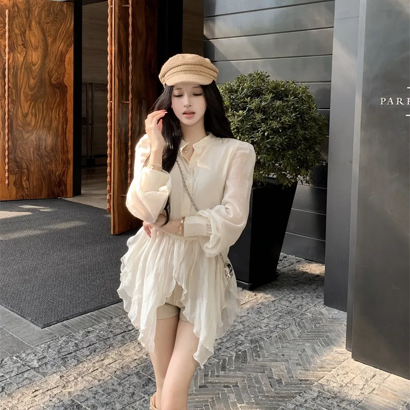 Ele irt Dr مع حافة غير متماثلة تنورة طويلة Sve ort من ألياف البوليستر مشهد سياحي H-ape لون نقي