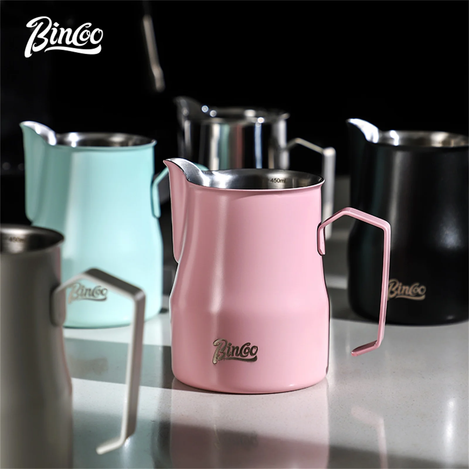 

Bincoo Professional Milk Jug 10.15/15.22 oz Pink Coffee Frother with Spout & Handle Barista Tools for Cappuccino Latte