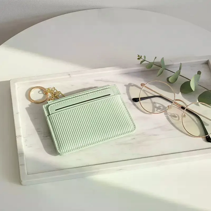 Striped PU Leather Card Holder With Multiple Card Slots Zipper Pocket And Keychain Perfect For Daily Commute Shopping Travel