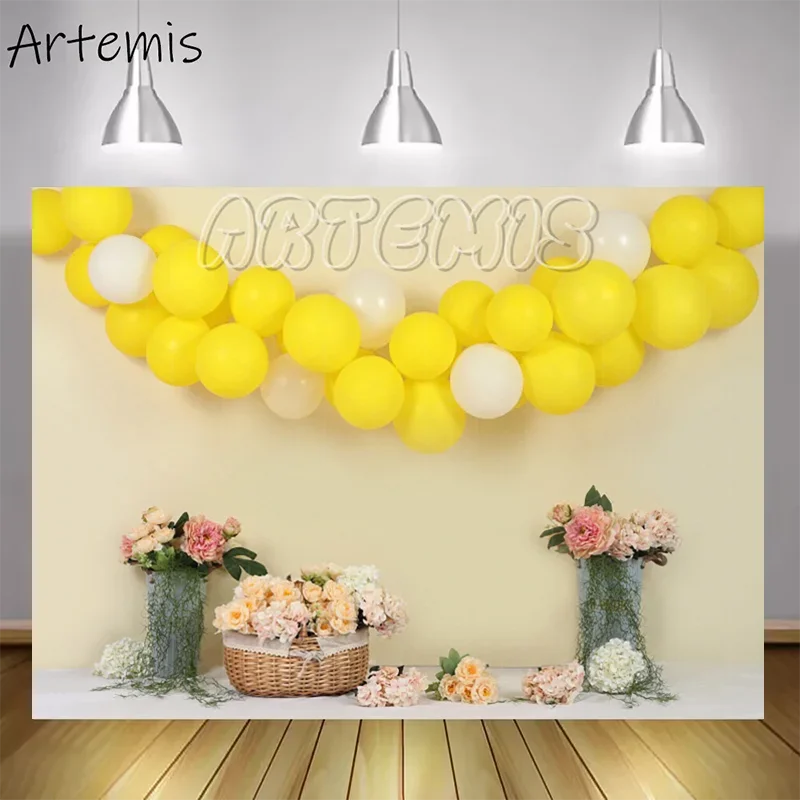 

Baby's Birthday Cake Smash Photography Backdrop Sunflower Yellow Balloons Basket Of Flowers Portrait Background Photo Studio