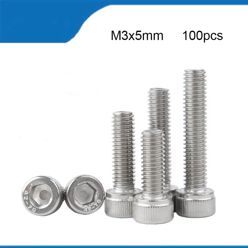 

Free Shipping M3 Screws M3*5mm 100pcs 304 Stainless Steel Hexagon Socket Head Cap Screw DIN912 Bolt Satinless Rivet Bolts