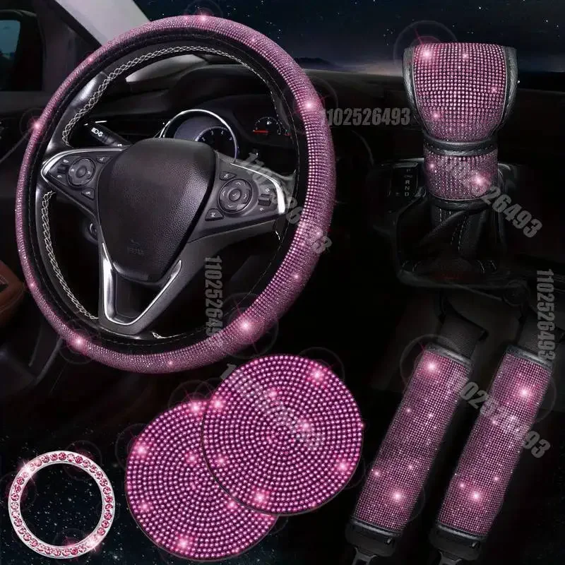 Full Drill Car Steering Wheel Cover Airbag Cover Cup Mat One Touch Start Button Automobile Safety Belt Accessories Shoulder Prot