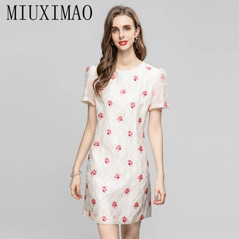 

MIUXIMAO 2023 Fall Dress Fashion Slim Short Sleeve Red Flower Jacquard Diamond Collar Tank Dress Women Vestidos Mini Dress