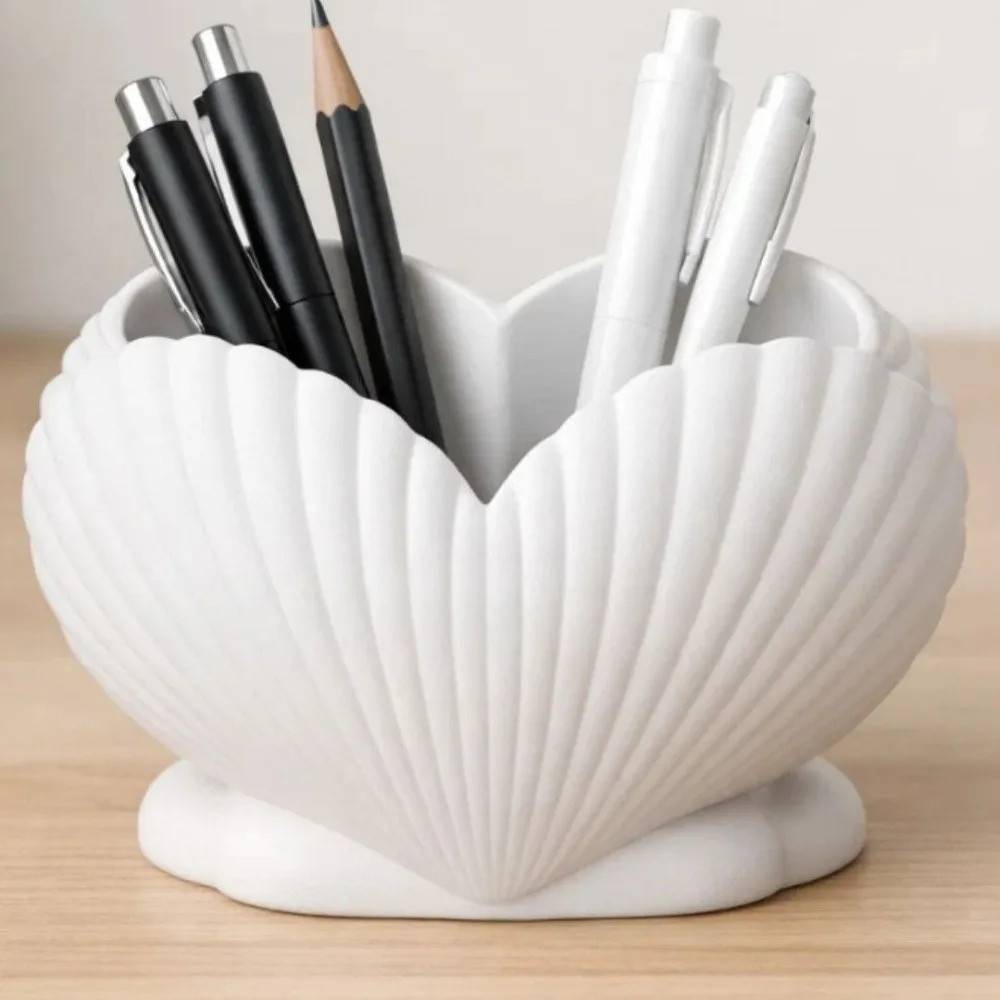3D Printed Shell Shape Toothpaste Toothbrush Holder Aesthetic Coastal Style Heart Shell Desk Organizer Stable Base Plastic