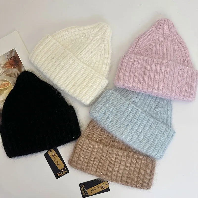 Solid Color Sequin Pullover Knitted Hat for Women Korean Sweet Winter Thick Warm Pacifier Hats Ear Protection Beanie Caps