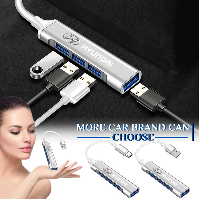 Adaptador USB Tipo-C com Múltiplas Portas e Distribuidor de Energia para Hyundai Tucson 2021, I10, I20, Kona, Getz, Solaris, I30, Creta e Tampas Centrais de Roda