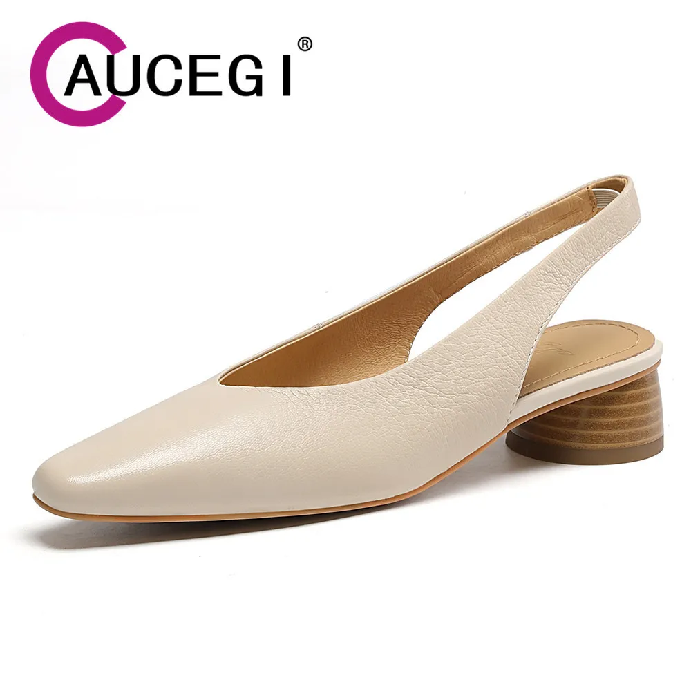 

Aucegi New Genuine Leather Slingback Pumps Classic Style Fashion Square Toe Chunky Round Heel Women Dress Manual Made Shoes