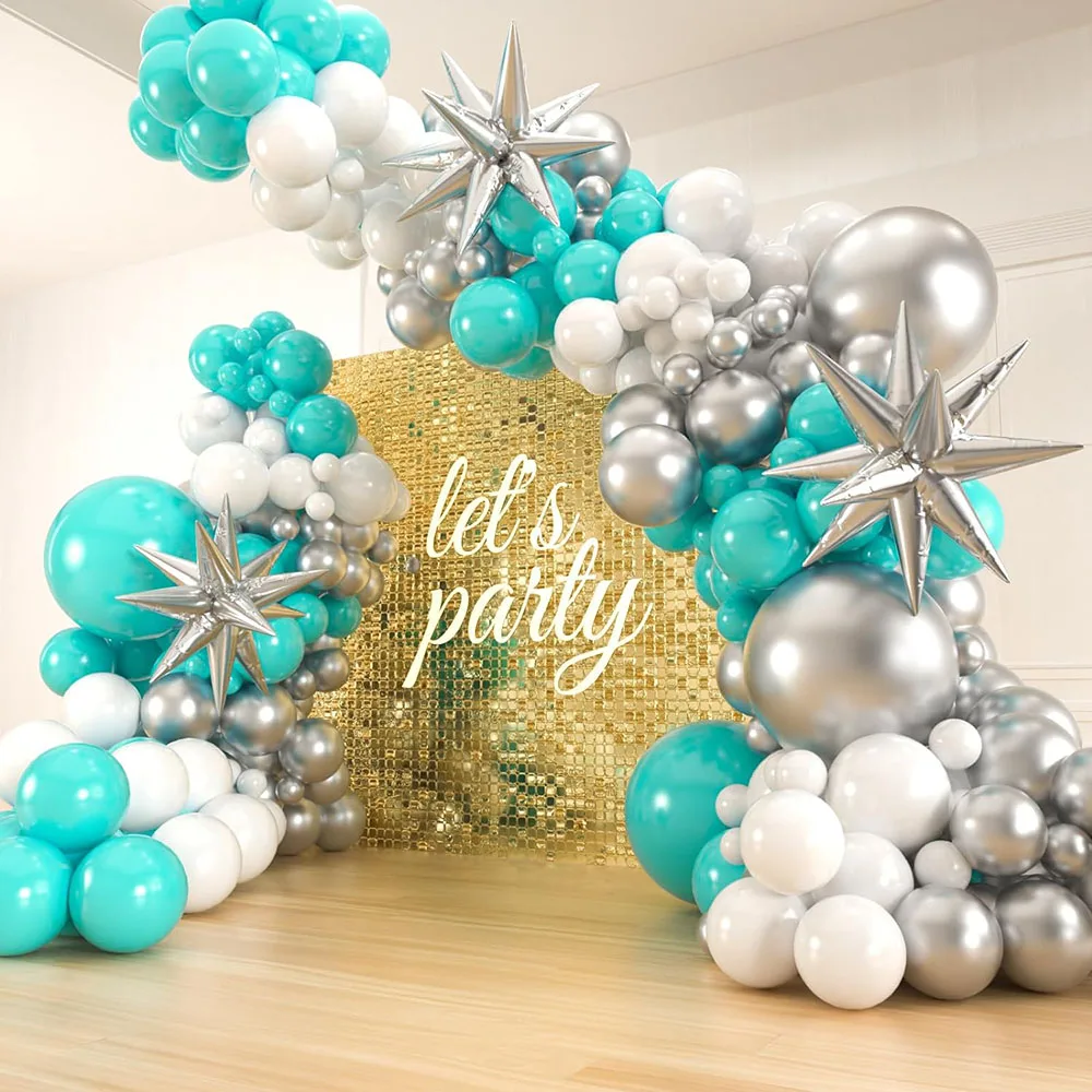 Blue-Green Silver-White Balloon Garland Arch Kit, 1812 10 5inch Blue-Green Balloon with 3-Piece Star Aluminum Foil Balloons for Birthday, Wedding