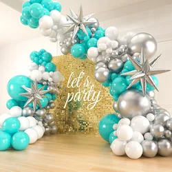 Blue-Green Silver-White Balloon Garland Arch Kit, 1812 10 5inch Blue-Green Balloon with 3-Piece Star Aluminum Foil Balloons for Birthday, Wedding Graduation Party Decoration