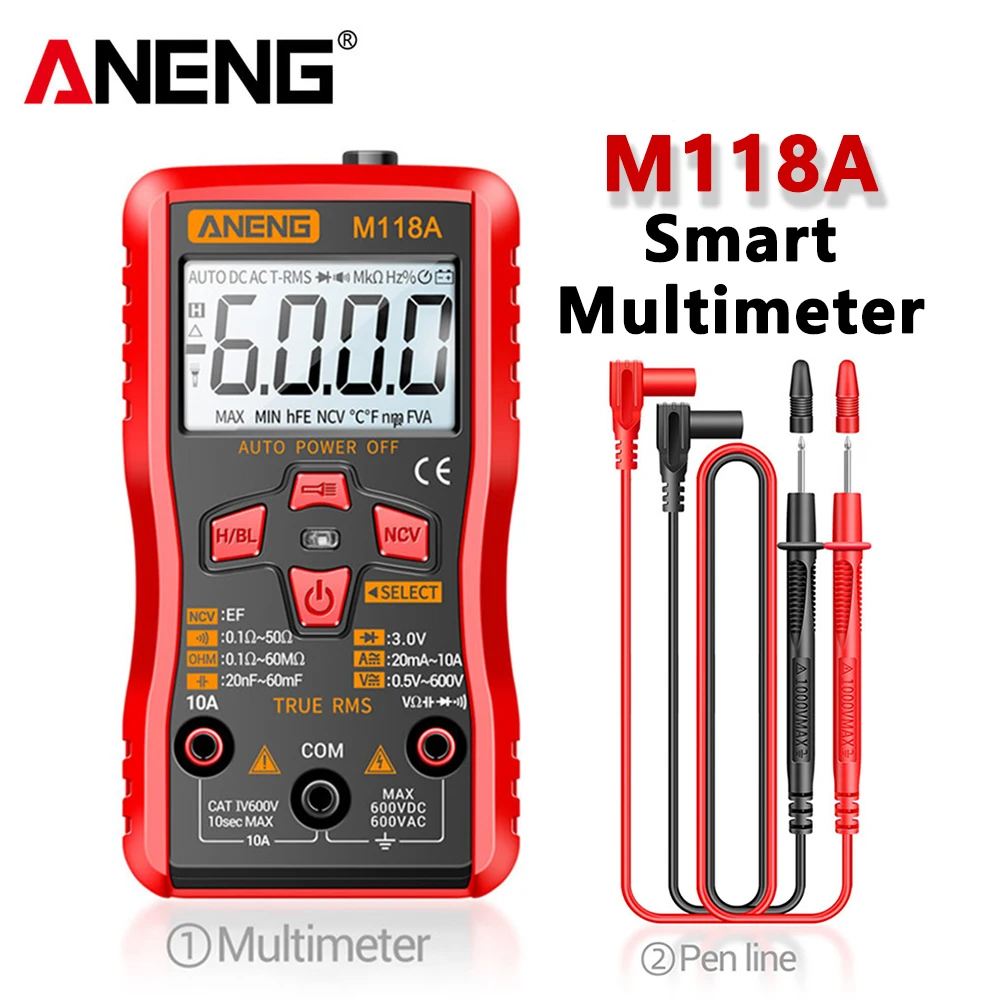 ANENG M118A Digital Mini Multimeter Tester Auto Mmultimetro True Rms Tranistor Meter with NCV Data Hold 6000counts Flashlight