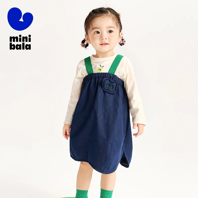 Mini Bala Set Girls Long Sleeve Set Skin-friendly Pure Cotton Stylish T-Shirt with Suspender Dress