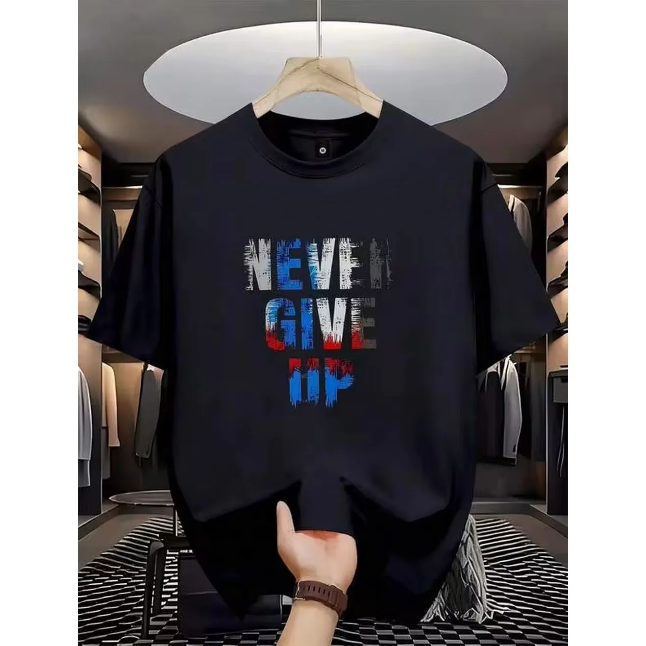 1pc Man's Motivational Quote Print Black TShirt Crew Neck Casual Cotton Tee Medium Stretch Knit Fabric Regular Fit For Boys Man Perfect For //