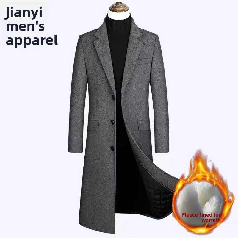 

Men's Ultra-Long Woolen Suit Coat Thiened Cotton Busin Coat Autumn Winter Sle Windbreaker Outerwear Stand Fit Singl...
