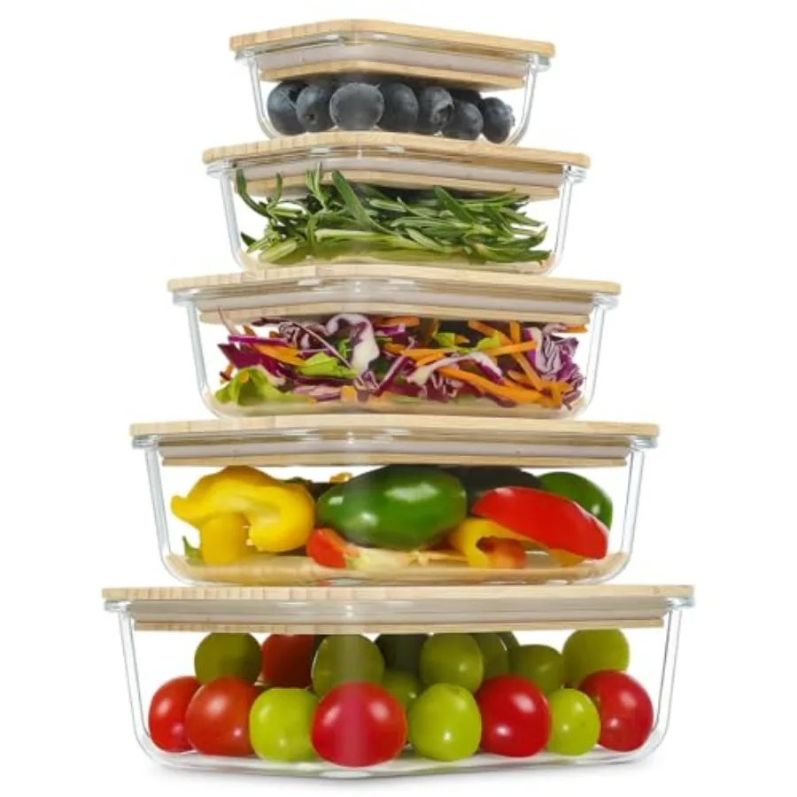 Glass Containers with Bamboo Lids Meal Prep Glass Food storage Container Set 5 Pack Pantry and Kitchen Organizer Microwave Oven