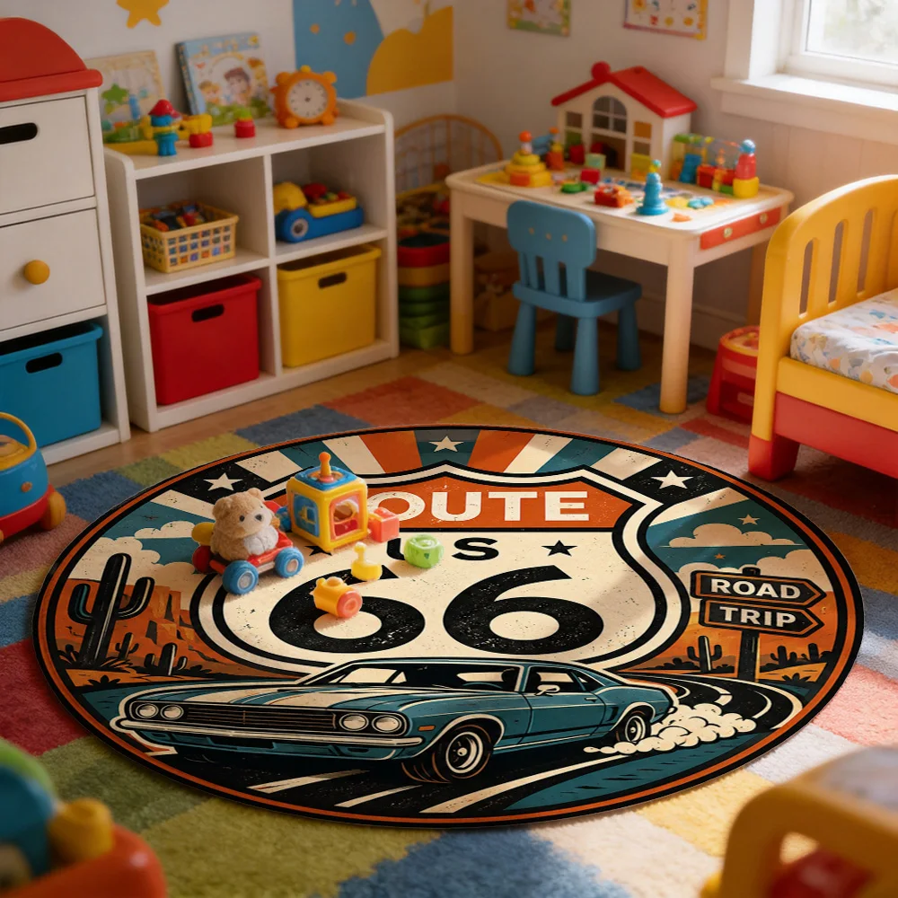 Vintage Route 66 US Highway Car Mat Rug for Garage Entryway Retro Americana Road Trip Decor