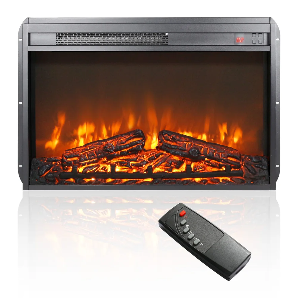 26 inch electric fireplace insert, ultra thin heater with log set & realistic flame, remote control with timer, overheating