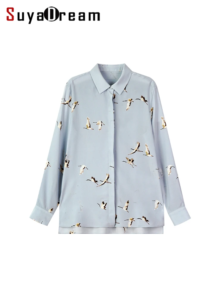 

SuyaDream, Woman Printed Shirts, 100%Silk Crepe de chine, Turn Down Collar, Light Blue Blouses, 2024 Spring Summer Top