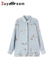 SuyaDream, Woman Printed Shirts, 100%Silk Crepe de chine, Turn Down Collar, Light Blue Blouses, 2024 Spring Summer Top