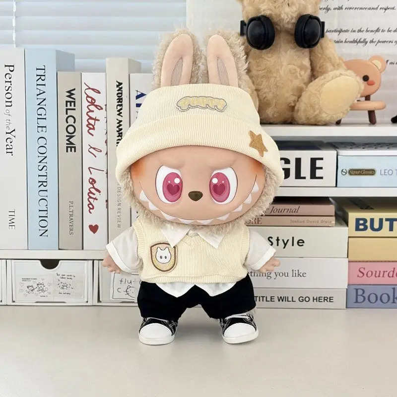 38 cm Labubu Plüschpuppen-Outfit, rosa Häschen-Stil, Tweed-Stoff, Spitzenbesatz, Perlendekor, exquisites Kawaii-Kostüm