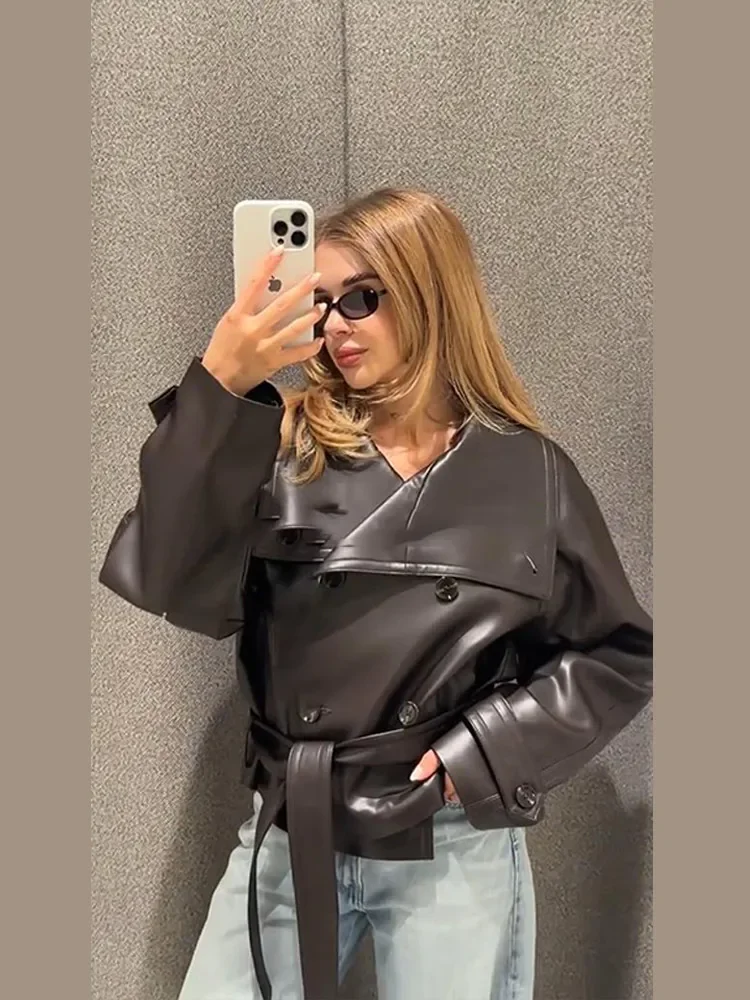 2025 PU Leather Winter&Autumn Women Coat Solid Belt Lapel Pocket Full Sleeve Female Jacket  Lady Outwear Y2K Windproof Versatile