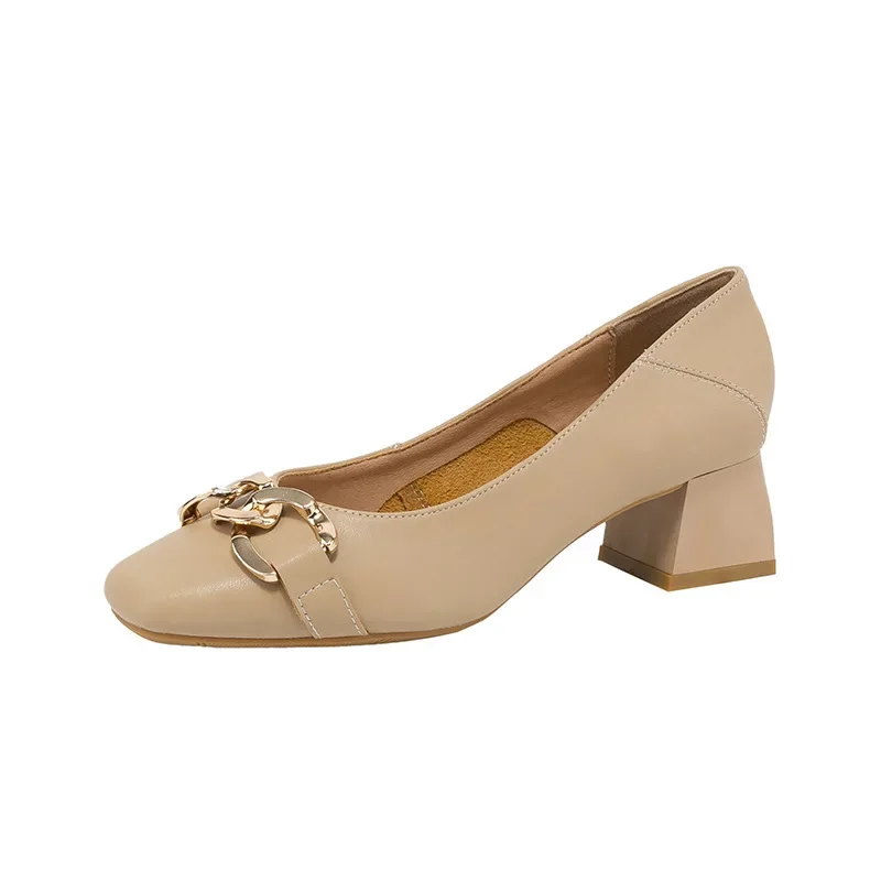 2024 Fashion Women Pumps Metal Decoration Square Toe 4.5CM Square Heel Spring New Mid Heel Shallow Mouth Square Head Women Shoes image 5
