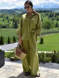2024 New Woman Solid Trousers Set Lapel Slit Hem Casual Shirt Top + Elastic Waist Pockets Women's Wide Leg Long Pant