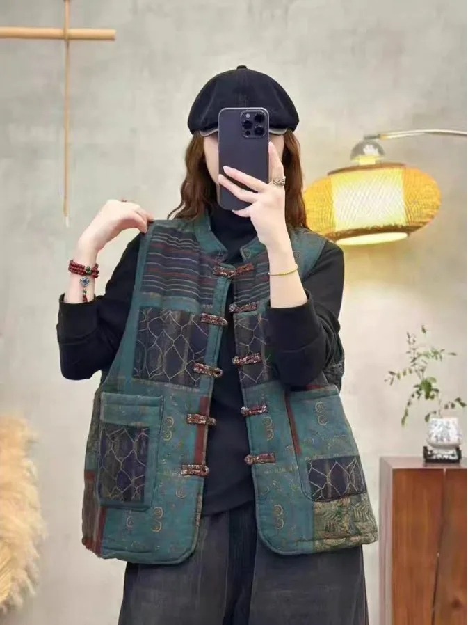 سترة نسائية سميكة من القطن والكتان للخريف والشتاء، تصميم فني عتيق مع أزرار، سترة قطنية دافئة