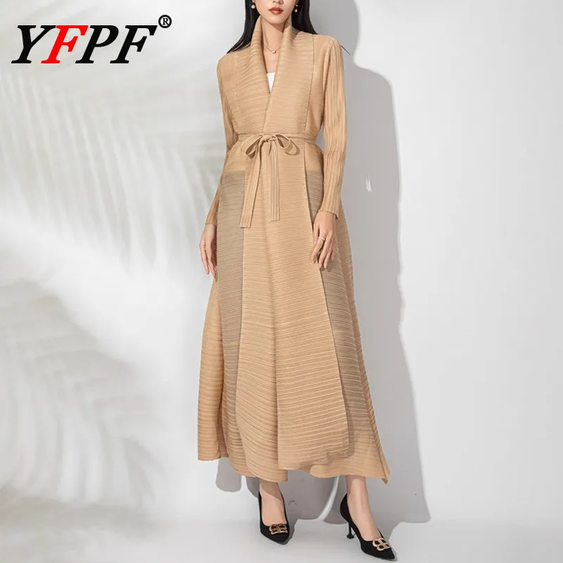 

YFPF Temperament Khaki Long Trench Coat Women Lapel Belt Gathered Waist Solid Color Fashion Windbreaker 2026 Spring New Clothing