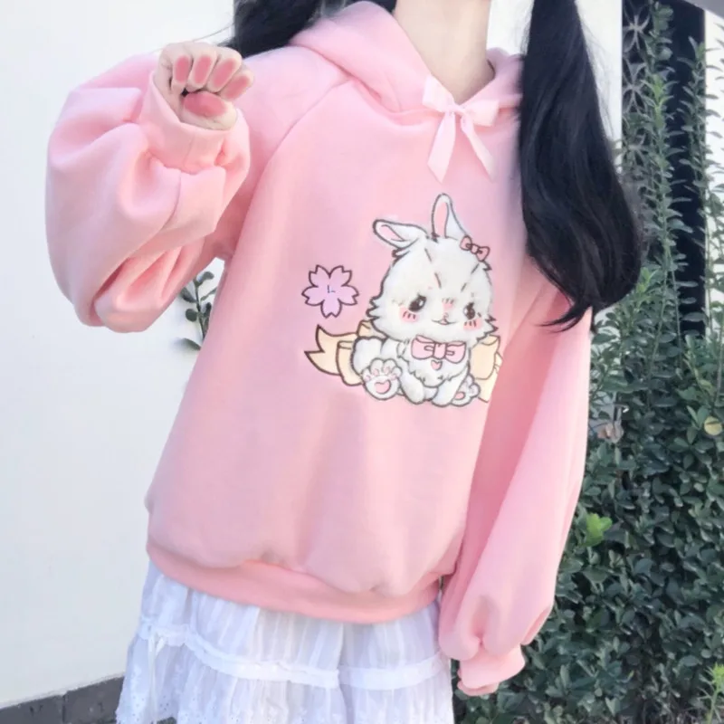 Autumn Cartoon Cute Japanese Lolita Girls Pink Hoodies Kawaii Sakura Rabbit Furry Embroidery Sweatshirt Harajuku Pullover Tops