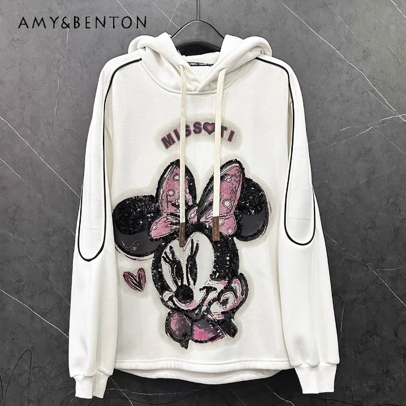 

2024 Early Autumn Heavy Industry Cartoon Hoodies Women's Loose Casual White Long Sleeves Sweatshirts Thick Top Sudaderas Female