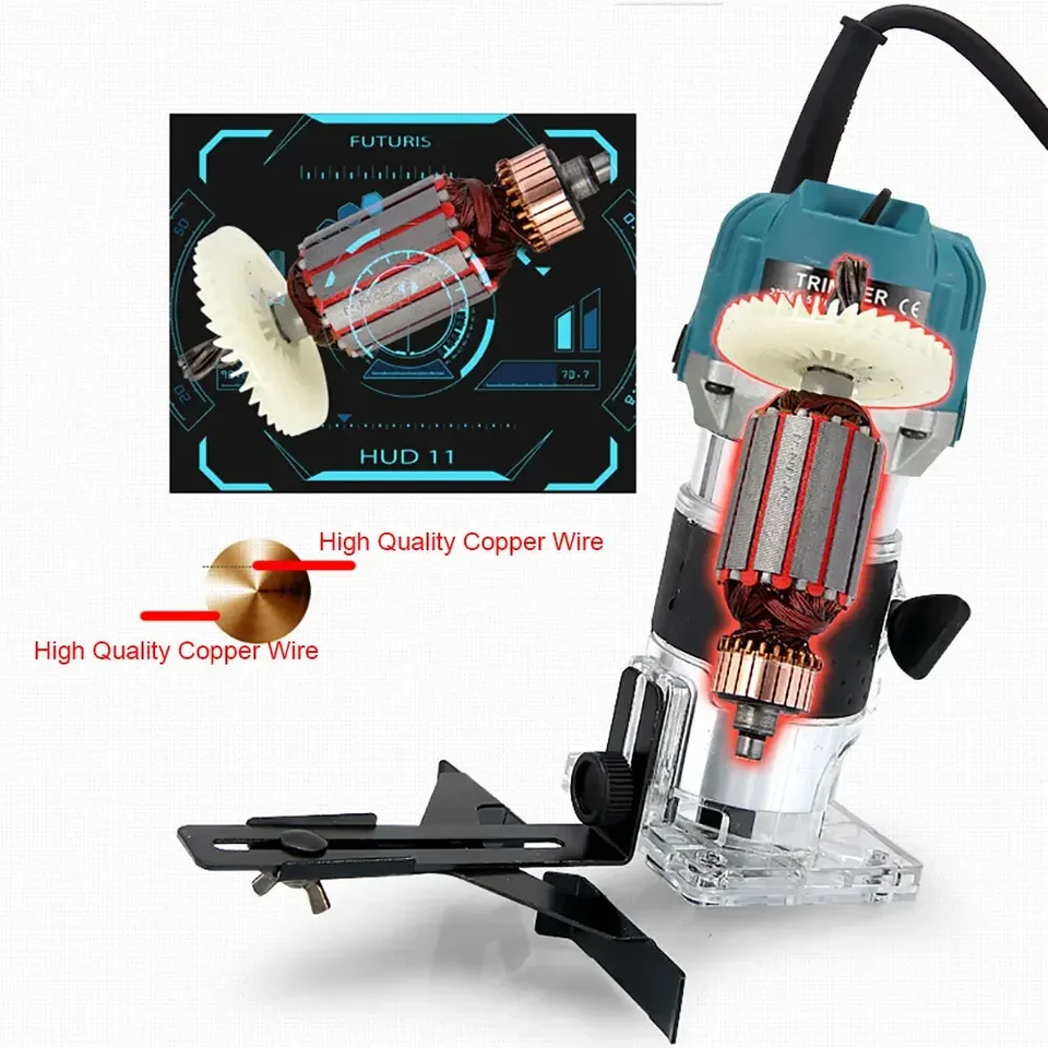 Electric Vertical Wood Milling Machine, 30000TPM Aluminum Trimmer Router with Transparent Base for Woodworking