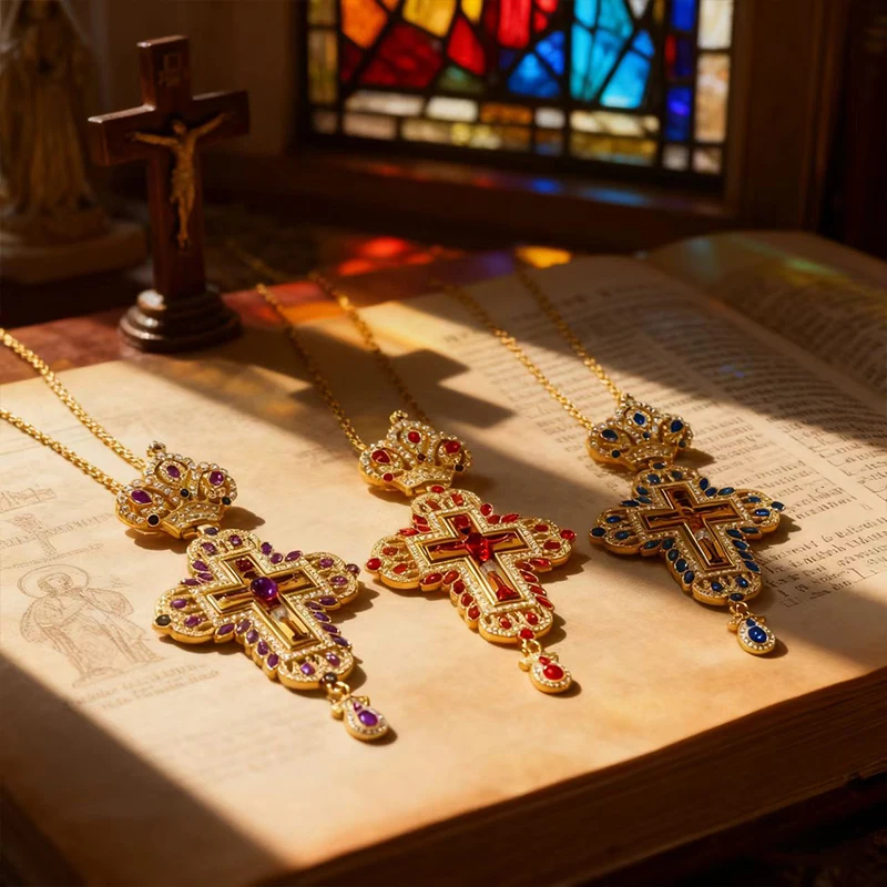 Luxuriöse Orthodoxe Brustkreuz-Halskette, Rote Kristallakzente mit Kruzifix-Ikone, Hochwertiger Liturgischer Schmuck für Kirchliche Sakramente – Detail 6
