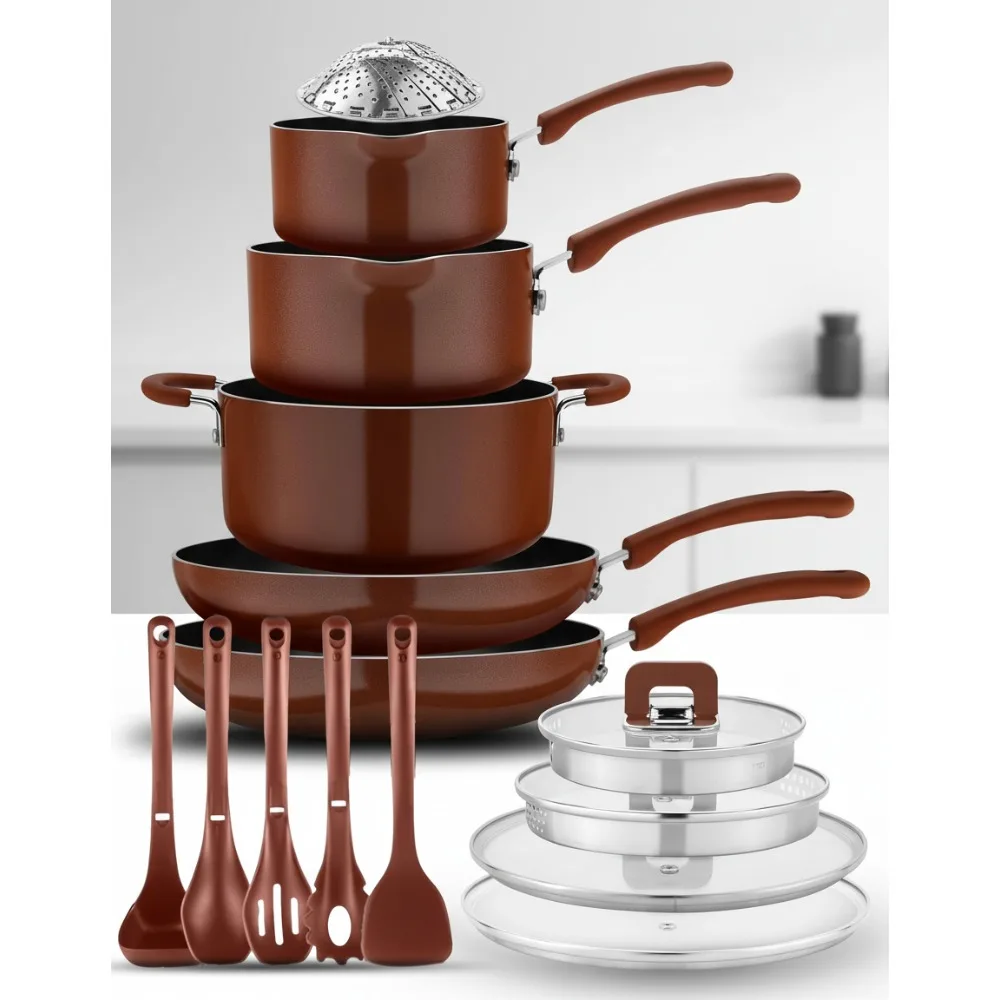 

17-Piece Nonstick Cookware Set with Stackable Design, Foldable Handles, Induction Ready for Modern Kitchens