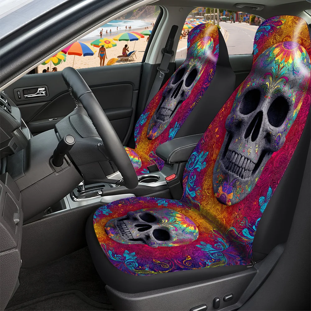 2-5 Seat Set Car Seat Covers, Spooky Skull Pattern Design, Universal Premium Polyester, Perfect Fit For Truck SUV Off-Road Sedan