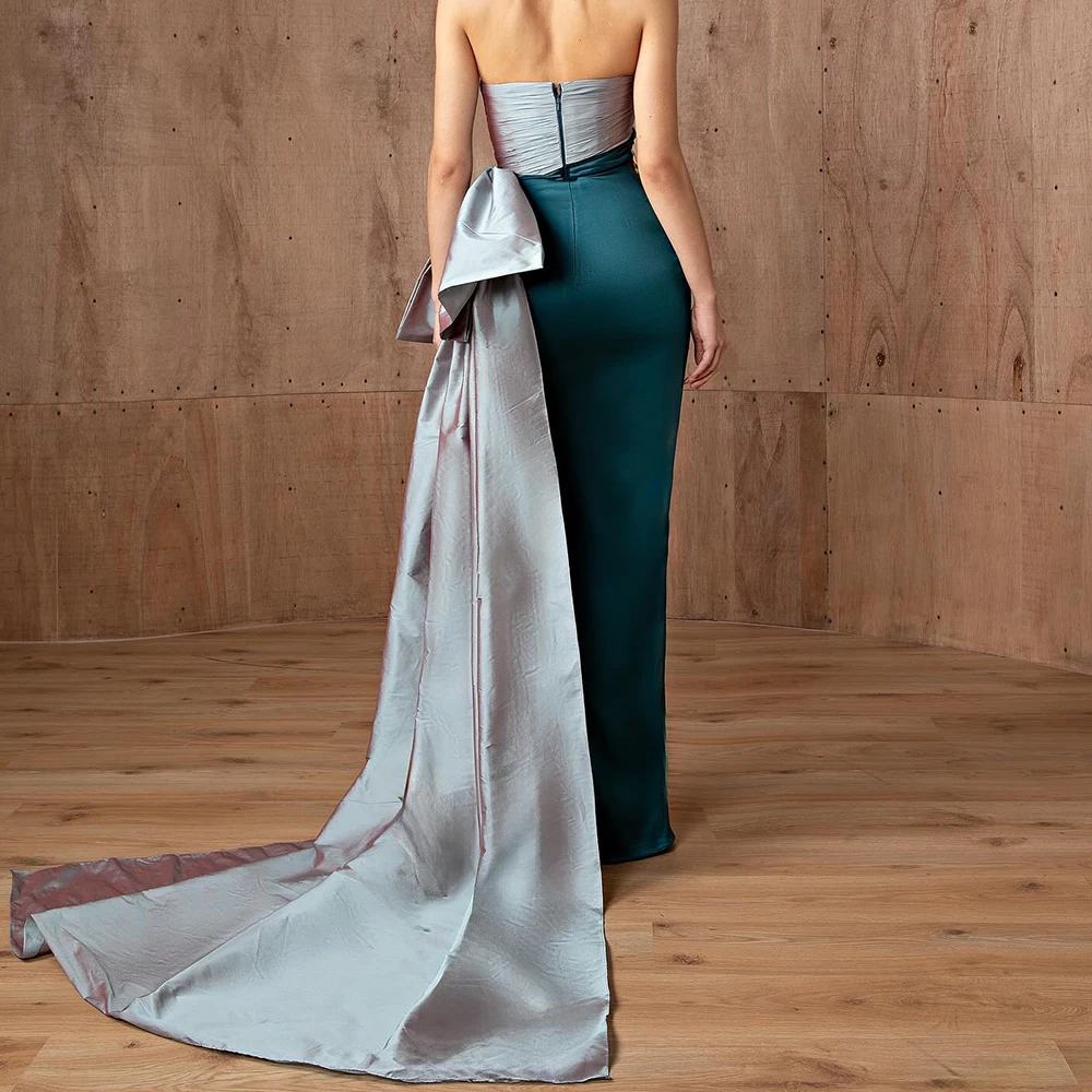 Customized Modern Satin Straight Evening Dress Strapless Zipper Back Sleeveless Floor Length Panel Train Vestidos de fiesta