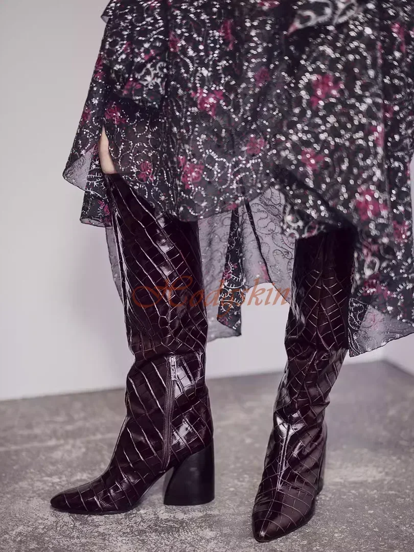 Botas de tacón alto grueso tejido con punta puntiaguda, botas con patrón de piedra sólida hasta la rodilla, zapatos de mujer con cremallera lateral para fiesta de invierno, diseñador nuevo