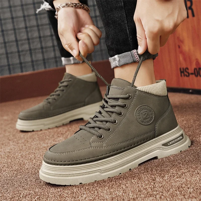 Men's Mid Top Boots Casual Shoes Classic Ankle Boots High Top Office Trendy Breathable Multifunctional Motorcycle Black Shoes