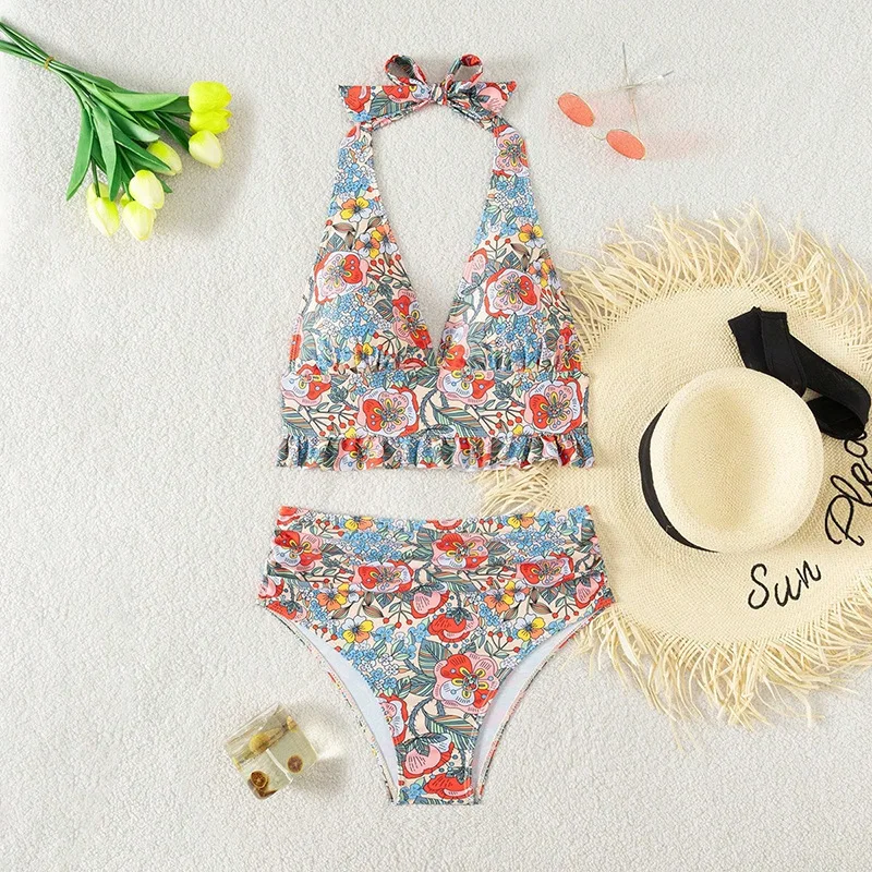 

2025Новый стильный двухсекционный купальник с бретелькой на шее для женщин, сексуальное бикини с эффектом пуш-ап, пляжный горячий весенний купальник-бикини с высокой талией