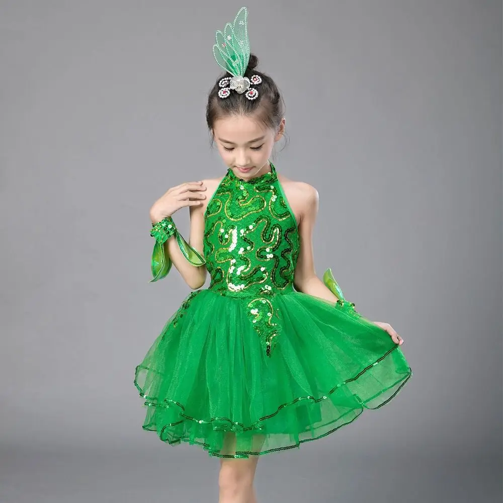 

Green Sequin Children Ballet Dance Dress with Headwear Wristband Romantic Princess Dress Dance Suit Modern Dance Puffy Dress